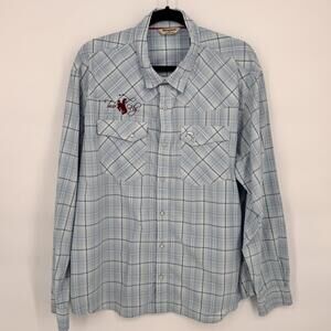 Simms Shirt Mens XL Blue Plaid Western Snap Button Two Fly Fishing Nylon Logo